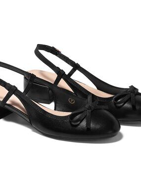 Womens Chunky Low Heels Slingback Ballet Bow Pumps Closed Toe Wedding Dress Shoe